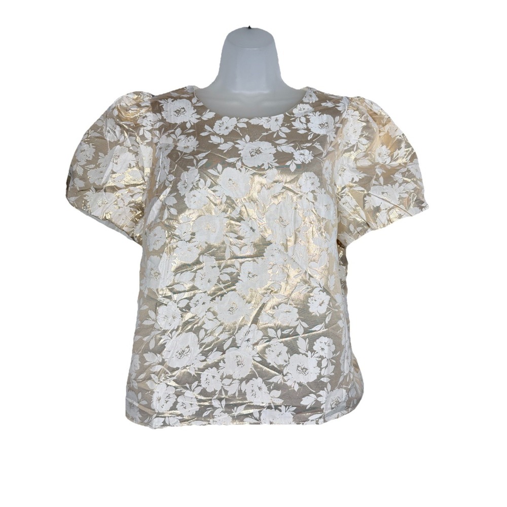 J Crew Metallic Floral Jacquard Puff Sleeve Blouse‎ Gold Ivory Womens L